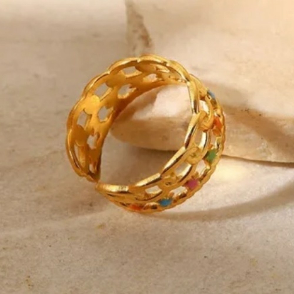 Ring Colorful Star Steel Multi-color On Gold Tone Open-end - Picture 9 of 11